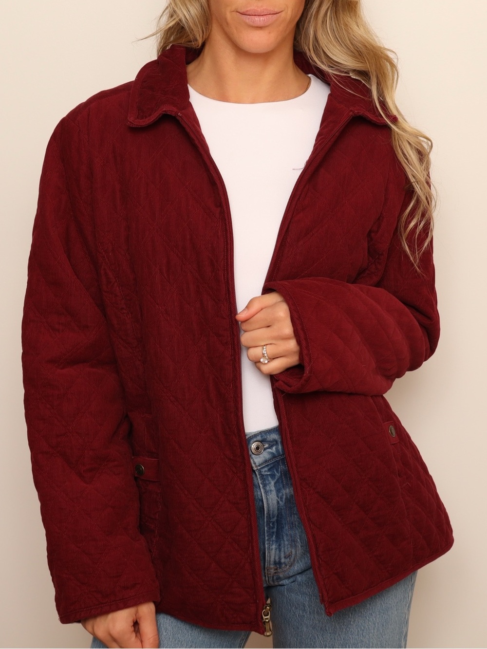 Vintage Burgundy Quilted Corduroy Jacket Cotton Zip Front